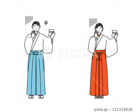 預金通帳を見て落ち込む神社の神主と巫女 121318026