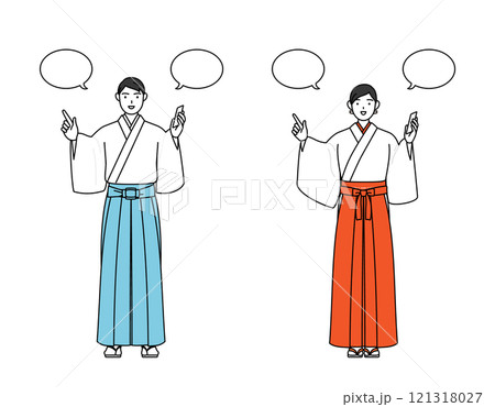 電話をしながら指さしをする神社の神主と巫女 121318027