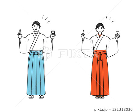 スマホのセキュリティ対策をする神社の神主と巫女 121318030