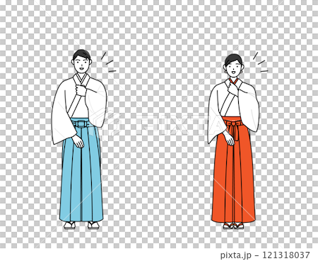 胸を叩く神社の神主と巫女 121318037