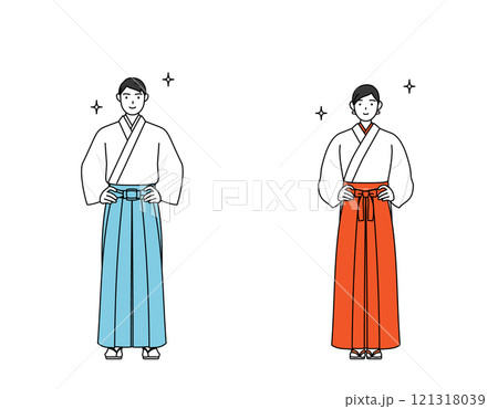 両手を腰に当てた神社の神主と巫女 両手を腰に当てた神社の神主と巫女 121318039