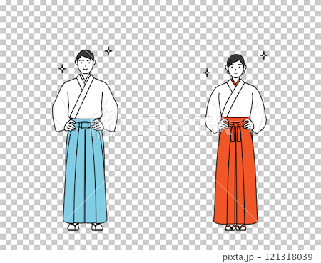 両手を腰に当てた神社の神主と巫女 両手を腰に当てた神社の神主と巫女 121318039
