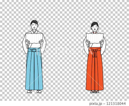 祝詞を奏上する神社の神主と巫女 121318044