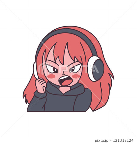 Cute Gamer Girl Cartoon Character Wearing Headset with Angry Screaming Expression 121318124