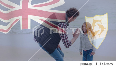 British flag and Anguilla coat of arms image over man and girl on beach British flag and Anguilla coat of arms image over man and girl on beach 121318629