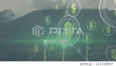 Wind turbines generating renewable energy with dollar signs image over mountains 121318647