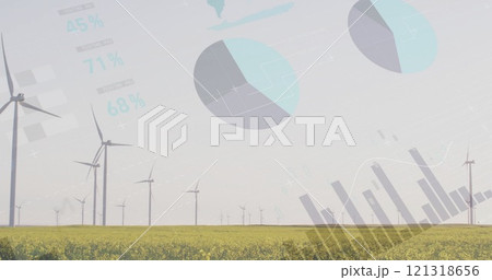 Wind turbines in field with pie charts and graphs, renewable energy data analysis image 121318656