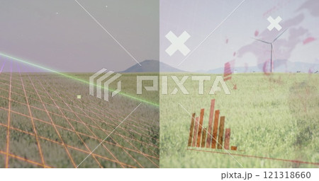 Bar chart and world map image over wind turbine in grassy field Bar chart and world map image over wind turbine in grassy field 121318660
