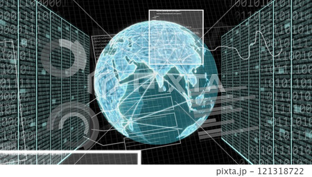Image of binary coding, digital data processing over globe Image of binary coding, digital data processing over globe 121318722