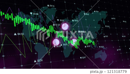 Financial data and stock market chart image over world map background 121318779