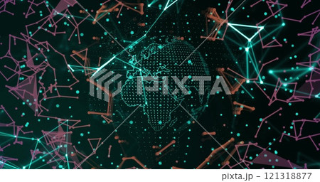 Globe with digital connections and data processing image over network of lines Globe with digital connections and data processing image over network of lines 121318877
