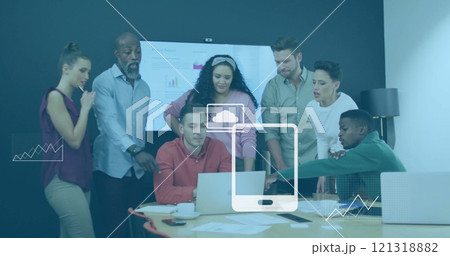 Business data charts image over diverse team collaborating in office Business data charts image over diverse team collaborating in office 121318882