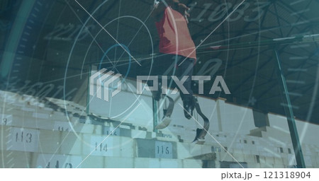Athlete with prosthetic leg running over blocks, target tracking image overlay Athlete with prosthetic leg running over blocks, target tracking image overlay 121318904