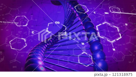 Image of chemical formula and dna strand on blue background Image of chemical formula and dna strand on blue background 121318975