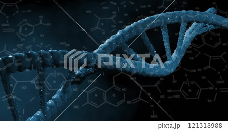 Image of chemical formula and dna strand on black background Image of chemical formula and dna strand on black background 121318988