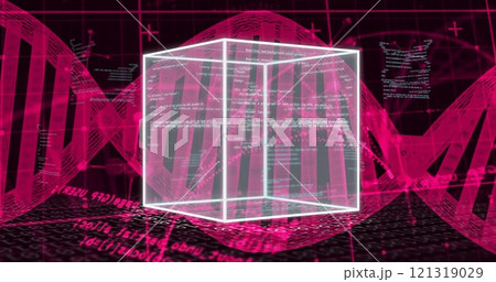 Image of cube, digital data processing over dna stand 121319029