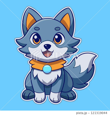 Wolf sticker. Cartoon furry mascot. Cute cheerful character. Grey comic coyote 121319044