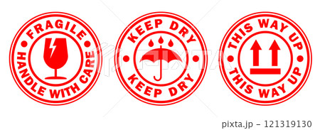 Fragile round circle stamp sticker icon symbol set. Handle with care logo sign. Keep dry, This way up. Vector illustration image. Isolated on white background. 121319130