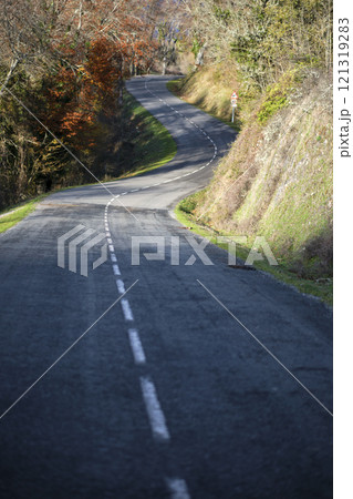 Winding rural road through forest in autumn with cloudy sky 121319283