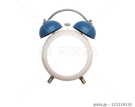 A minimalist alarm clock with a white circular body and blue twin bells, set against a plain white background. 121319310