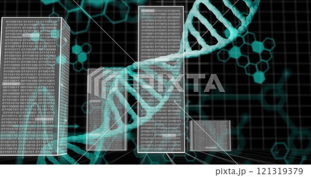 DNA strands and binary coding, scientific data processing image DNA strands and binary coding, scientific data processing image 121319379