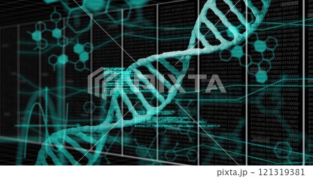Image of digital data processing over dna stand and grid 121319381