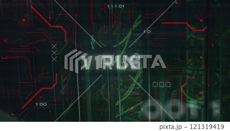 Image of virus text over data processing and server room Image of virus text over data processing and server room 121319419