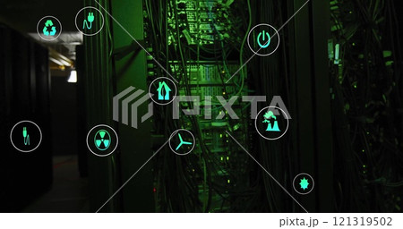 Image of eco icons and digital data processing over computer servers Image of eco icons and digital data processing over computer servers 121319502