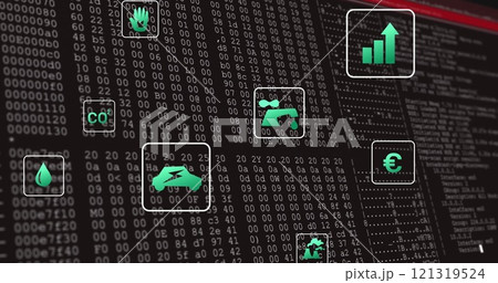 Image of eco icons and digital data processing over computer servers 121319524