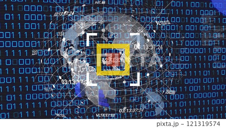 Image of globe and scanner over data processing and binary coding on black background Image of globe and scanner over data processing and binary coding on black background 121319574