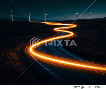 Renewable Energy Market Trends. winding road illuminated by glowing light trails, surrounded by wind turbines under dark sky. scene evokes sense of tranquility and motion 121319612
