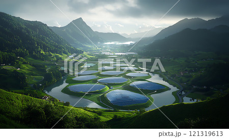 Renewable Energy Market Trends. stunning landscape featuring solar panels on water, surrounded by lush green hills and mountains. serene atmosphere evokes sense of harmony between nature and 121319613