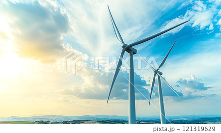 Renewable Energy Market Trends. Wind turbines against bright sky with clouds, symbolizing renewable energy and sustainability. scene captures beauty of nature and technology working together 121319629