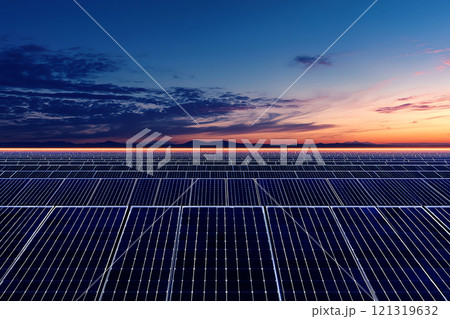 Renewable Energy Market Trends. vast solar panel field under stunning sunset sky, showcasing renewable energy. landscape features rows of solar panels reflecting vibrant colors of dusk 121319632