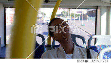 Young female commuter sleeping while travelling in bus 4k 121319754