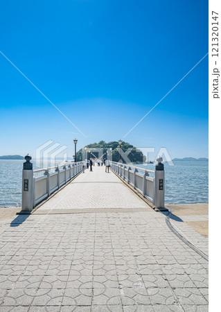 蒲郡市の竹島園地と海に架かる竹島橋と竹島の風景(愛知県) 121320147