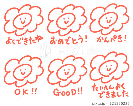 手描きの可愛い顔つきはなまるマークのセット　OK GOOD おめでとう 121320225