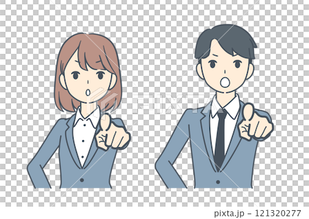 A businessman and a businesswoman pointing forward with serious expressions 121320277
