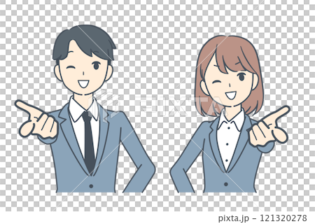Smiling businessman and businesswoman pointing forward 121320278