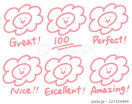 手描きの可愛い顔つきはなまるマークのセット 100 GREAT PERFECT 手描きの可愛い顔つきはなまるマークのセット 100 GREAT PERFECT 121320404