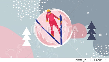 Image of snow falling over ski jumper and christmas winter scenery 121320406