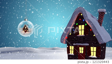 Image of snow falling over christmas snow globe and winter scenery Image of snow falling over christmas snow globe and winter scenery 121320443