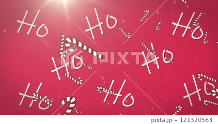 Image of ho text over snow falling and candy canes on red background 121320563
