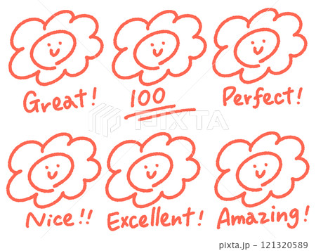 手描きの可愛い顔つきはなまるマークのセット 100 GREAT PERFECT 手描きの可愛い顔つきはなまるマークのセット 100 GREAT PERFECT 121320589