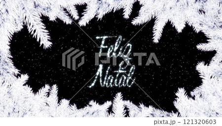 Image of feliz navidad text over fir tree branches in winter scenery 121320603