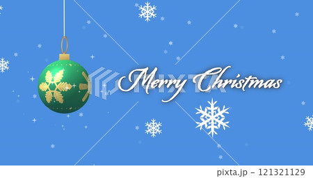 Image of merry christmas text over and christmas bauble on blue background 121321129
