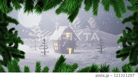 A cozy winter home nestled in snow, framed by pine branches 121321207
