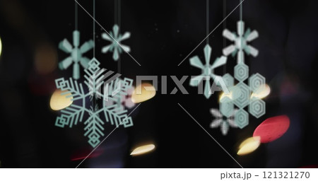 Image of snowflakes christmas baubles and snow falling on black background Image of snowflakes christmas baubles and snow falling on black background 121321270