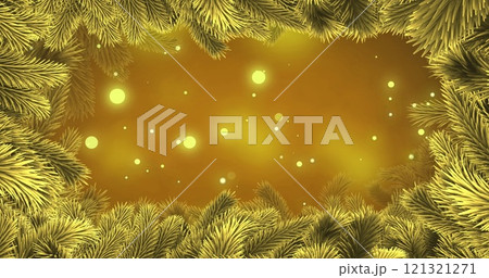 Image of spots of light over fir tree branches on yellow background Image of spots of light over fir tree branches on yellow background 121321271