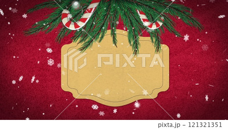 Image of sign with copy space, christmas fir tree branches on red background Image of sign with copy space, christmas fir tree branches on red background 121321351